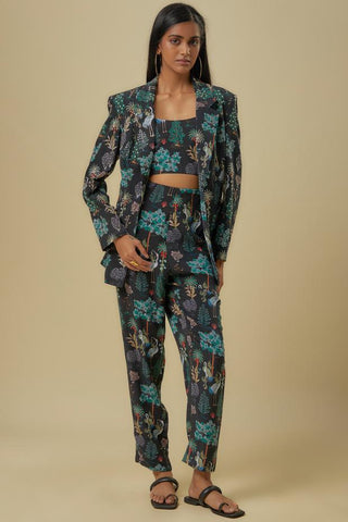 Black crane print jacket set