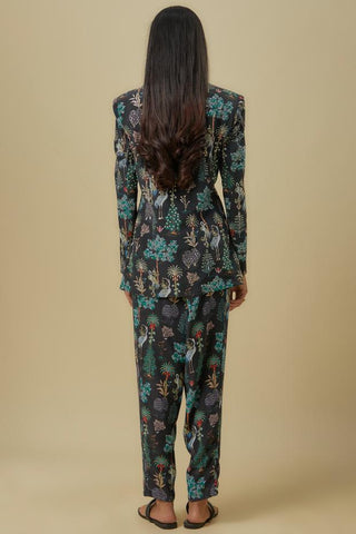 Black crane print jacket set