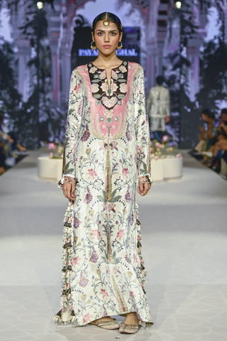 Off white ochre printed embroidered kaftan