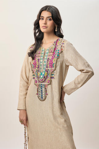 Crushed Tissue Kaftan for Indian Wedding – Nouriya Beige Gold by Payal Singhal