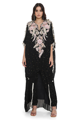 Black embroidered high low kaftan with pant