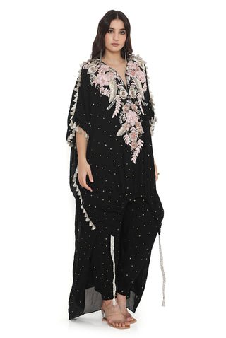 Black embroidered high low kaftan with pant