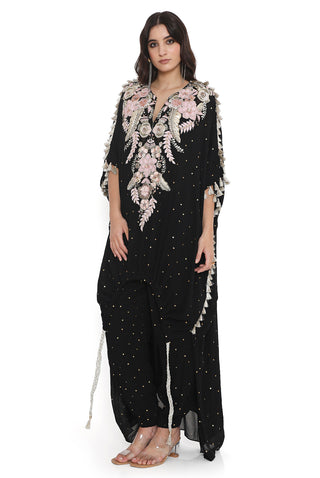 Black embroidered high low kaftan with pant