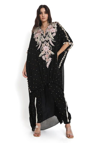 Black embroidered high low kaftan with pant