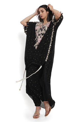 Black embroidered high low kaftan with pant