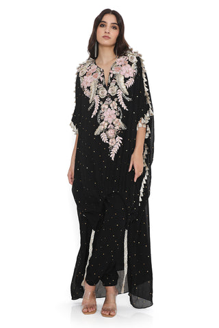 Black embroidered high low kaftan with pant