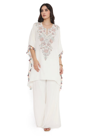 Ivory embroidered crepe kaftan with palazzo