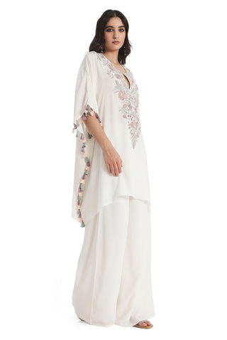 Ivory embroidered crepe kaftan with palazzo