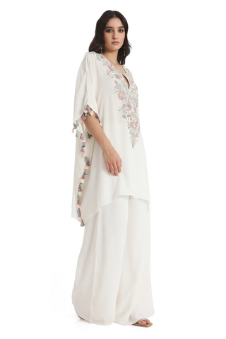 Ivory embroidered crepe kaftan and palazzo