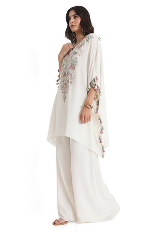 Ivory embroidered crepe kaftan with palazzo