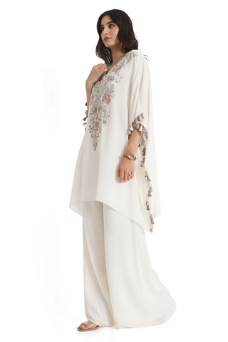 Ivory embroidered crepe kaftan and palazzo