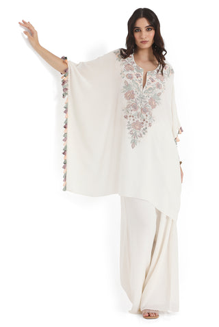 Ivory embroidered crepe kaftan with palazzo
