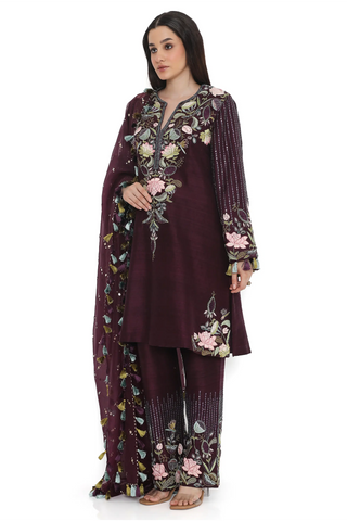 Purple embroidered kurta with pant and a dupatta