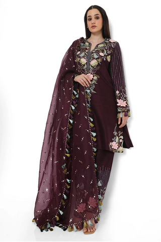 Purple embroidered kurta with pant and a dupatta