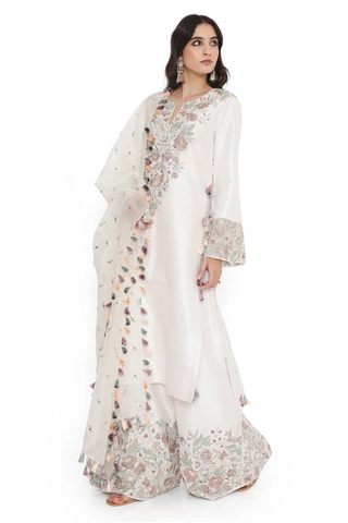 Ivory embroidered kurta with palazzo and dupatta