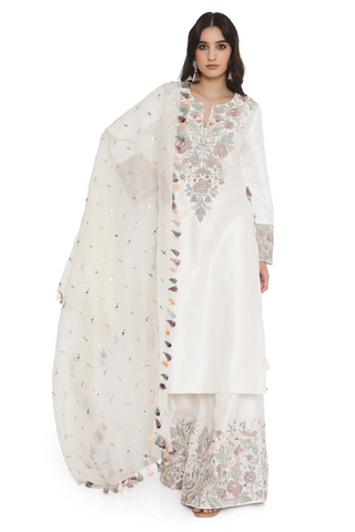 Ivory embroidered kurta with palazzo and dupatta