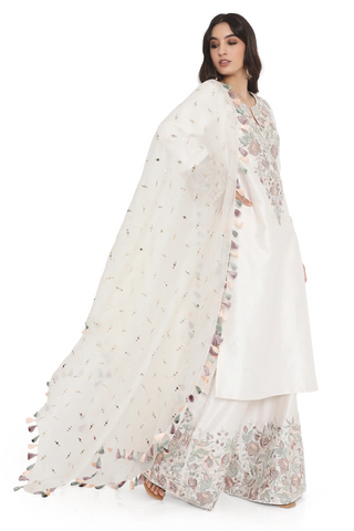 Ivory embroidered kurta with palazzo and dupatta