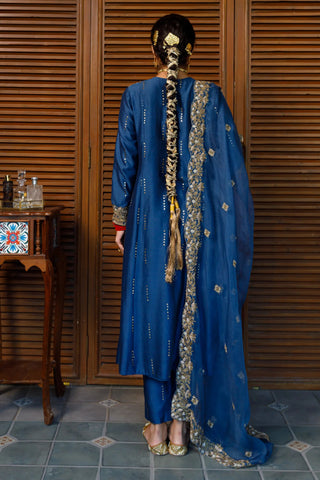Navy embroidered yoke kurta and pant with dupatta