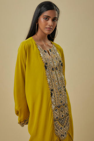 Olive green hand embroidered kaftan set