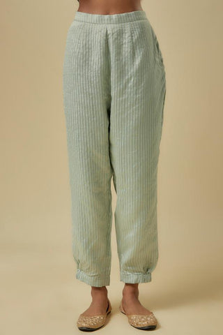 Blue gold stripes yoke short kurta jogger set