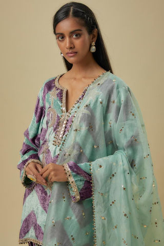 Green and purple chevron kurta set