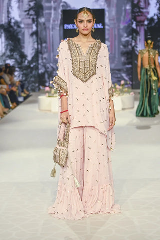 Blush pink embroidered kurta with frill sharara