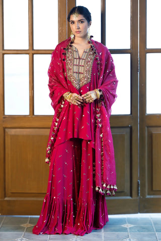 Pink embroidered kaftan and frill sharara with dupatta