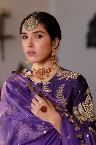 Purple embroidered kurta and frill sharara with dupatta