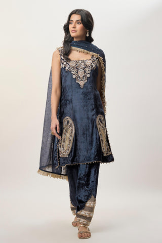 Kurta Set for Indian Wedding – Elara Navy Velvet by Payal Singhal