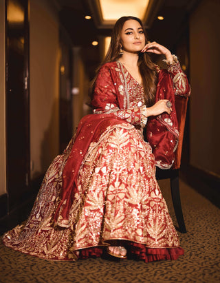 Dark red bagh embroidered lehenga set