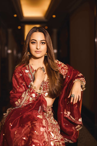 Dark red bagh embroidered lehenga set