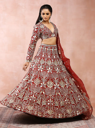 Dark red bagh embroidered lehenga set
