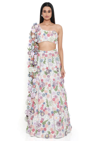 Offwhite choli and flowered tassels lehenga