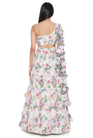 Offwhite choli and flowered tassels lehenga
