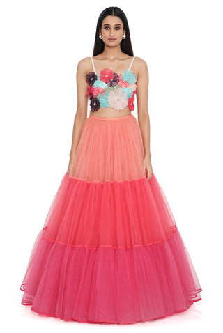 Multicolor 3d flower choli with layered lehenga