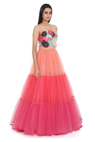 Multicolor 3d flower choli with layered lehenga