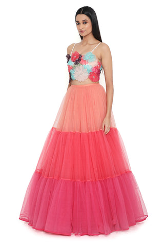 Multicolor 3d flower choli with layered lehenga