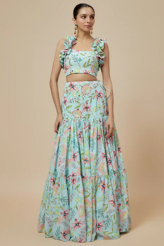 Multicolor printed lifted ruffled choli and lehenga