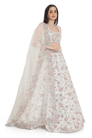 Ivory embroidered lehenga with choli and dupatta