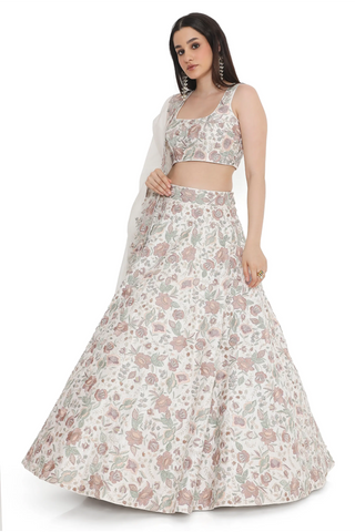 Ivory embroidered lehenga with choli and dupatta