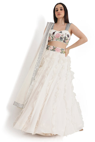 Ivory embroidered choli and ruffle lehenga with dupatta