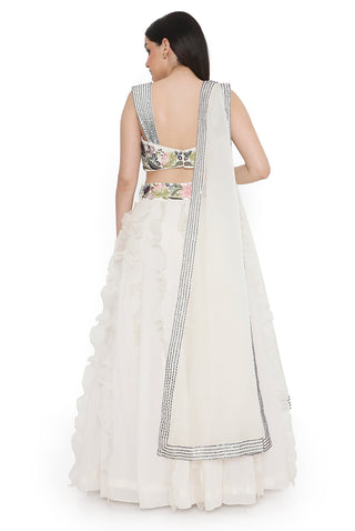 Ivory embroidered choli and ruffle lehenga with dupatta