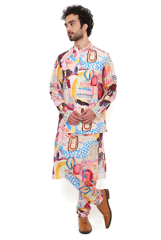 Peach trance print bandi and kurta set