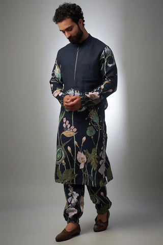 Navy printed linen bomber kurta and jogger pant