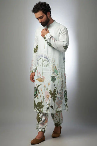 White printed linen bomber kurta and jogger pant