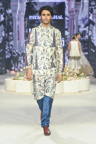 Blue embroidered forest whisper printed bandi and printed kurta with churidar