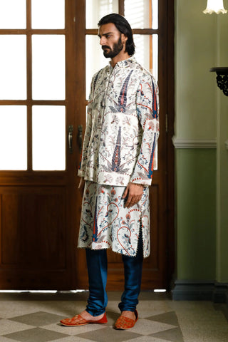 Blue embroidered forest whisper printed bandi and printed kurta with churidar