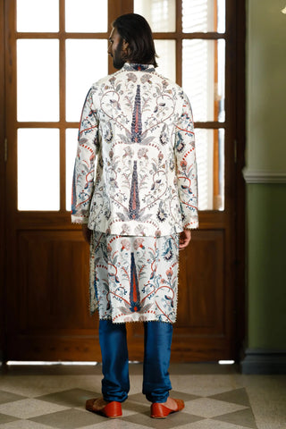 Blue embroidered forest whisper printed bandi and printed kurta with churidar