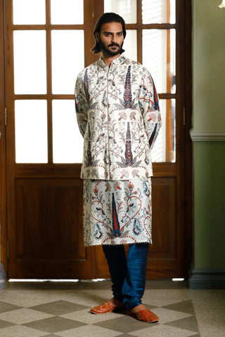 Blue embroidered forest whisper printed bandi and printed kurta with churidar