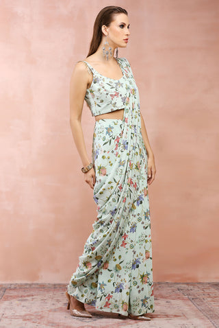 Mint nargis choli with pre-stitched saree